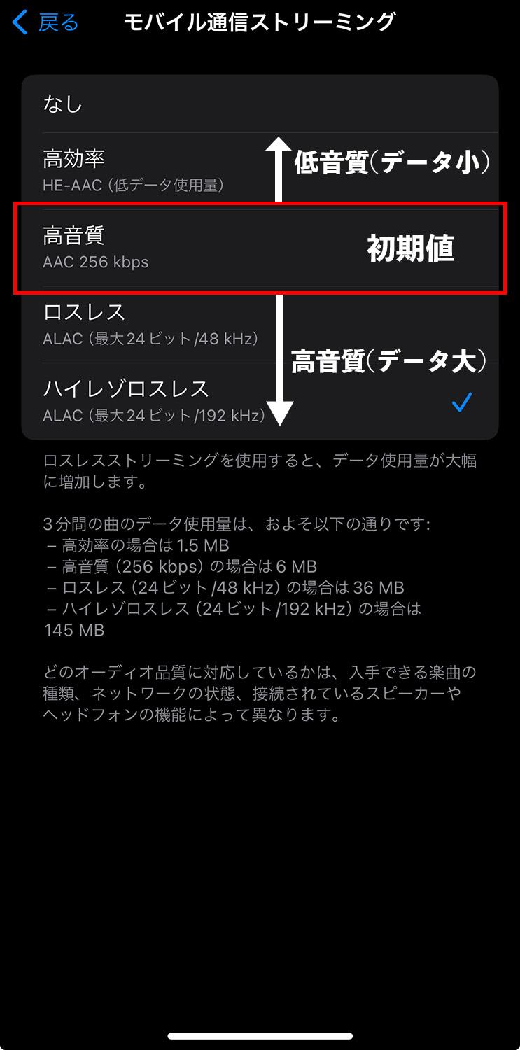 iPhone iOS17 ミュージック オーディオ設定 モバイル通信ストリーミング